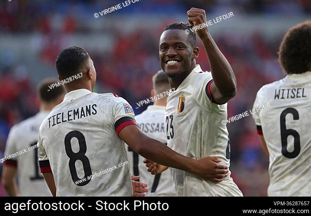 Belgium's Youri Tielemans celebrates after scoring the 0-1 goal with an assist of Belgium's Michy Batshuayi at a soccer game between Wales and Belgian national...