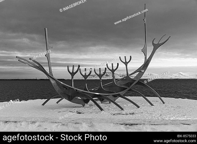Viking ship sculpture, black and white photograph, Reykjavik, Reykjanes Peninsula, Sudurnes, Iceland, Europe