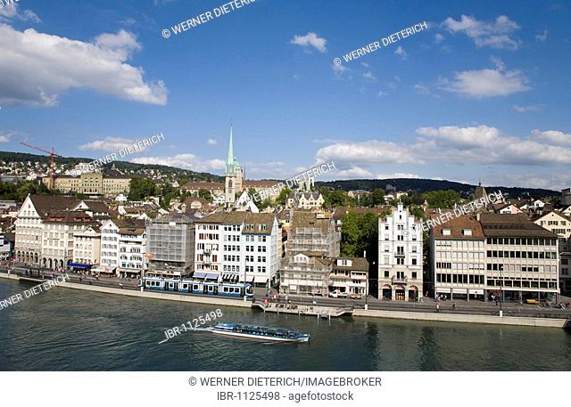 View from Lindenhof over Limmat River towards Limmat Quay, cruise vessel, skyline, panorama, Zurich, Switzerland, Europe