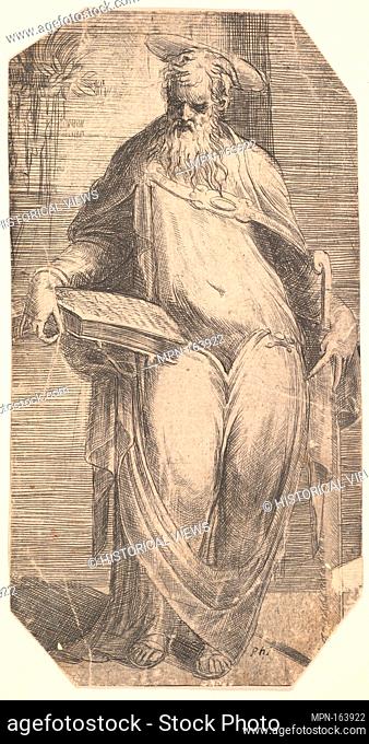 Saint Simon standing, supporting a book on his right thigh, from 'Christ and the Apostles'. Series/Portfolio: Christ and the Apostles; Artist: Andrea Schiavone...