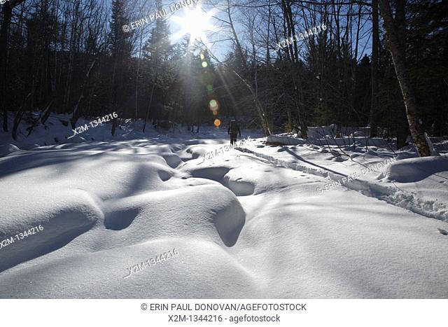 Snowshoeing along Franconia Brook during the winter months in Lincoln, New Hampshire USA