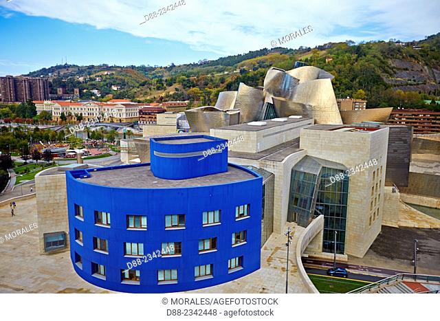 Spain, Biscay, Basque Country Spain, Bilbao, Guggenheim Museum opened in 1997 in the Canadian-American architect Frank Gehry seen from the terrace of Silken...