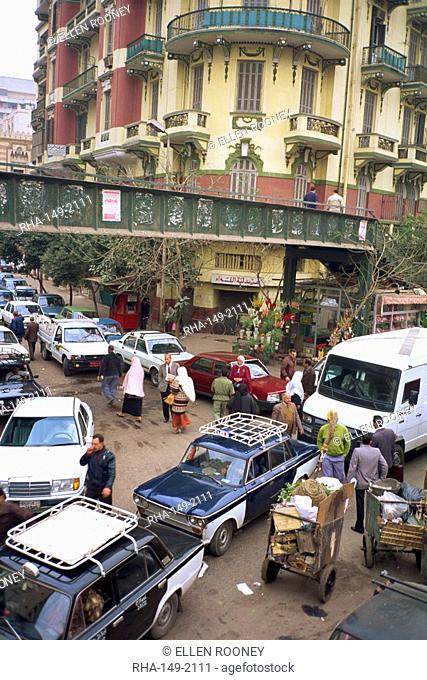 Traffic congestion with cars, handcarts and pedestrians in Cairo, Egypt, North Africa, Africa
