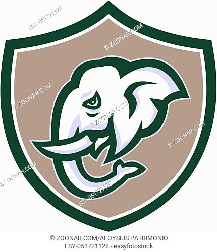 Illustration of an elephant head with tusk viewed from the side set inside shield crest on isolated background done in retro style