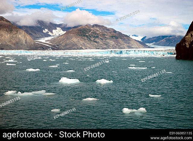 A glacier ice flow moves into the Pacific Ocean in the northern United States territory of Alaska