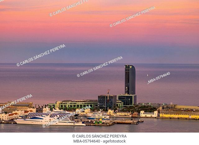 Aerial view of Port Vell harbour, Barcelona, Catalonia, Spain