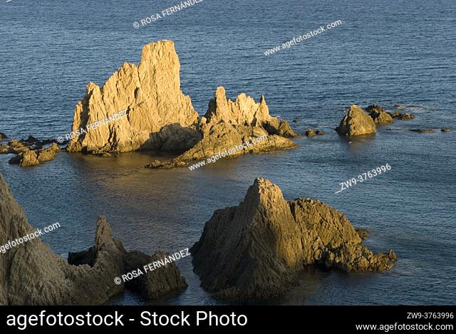 Mermaids Rocks at sunset, Nijar, Cabo de Gata Natural Park, Almeria, Andalucia, Spain