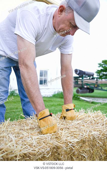 USA, Illinois, Metamora, Farmer lifting hay bale on farm