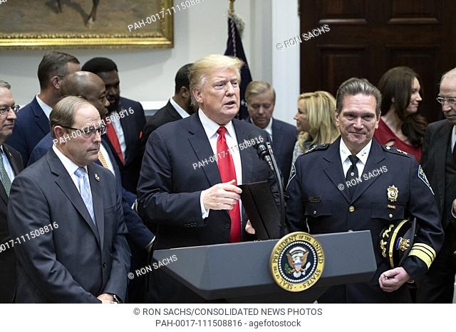 United States President Donald J. Trump, center, announces his support of H. R. 5682, the ""First Step Act"" in the Roosevelt Room of the White House in...