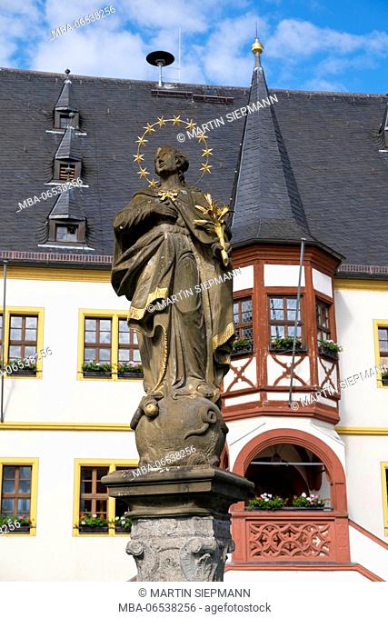 Maria Immaculata, madonna figure of the town fountain in front of city hall on the market square, Volkach, Main-Franconia, Lower Franconia, Franconia, Bavaria