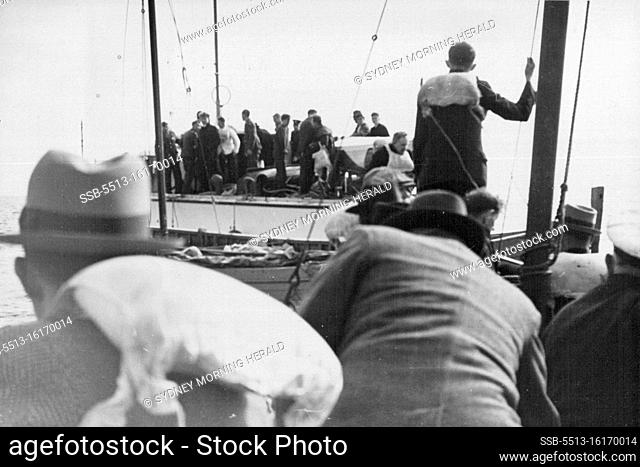 Rescue launch approaching life boat. Merchant Shipping, Morgan. July 01, 1940