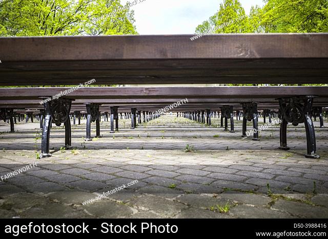 Riga, Latvia Wooden Park benches in the VÄ“rmane Garden park