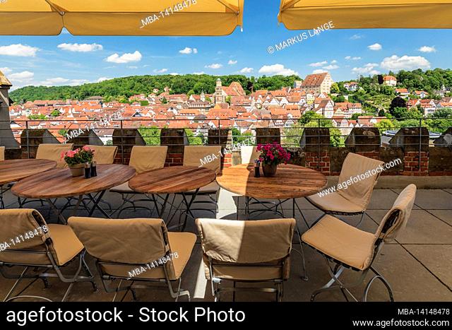 view from the brewhouse to the old town with sankt michael church, schwäbisch hall, hohenlohe, baden-württemberg, germany