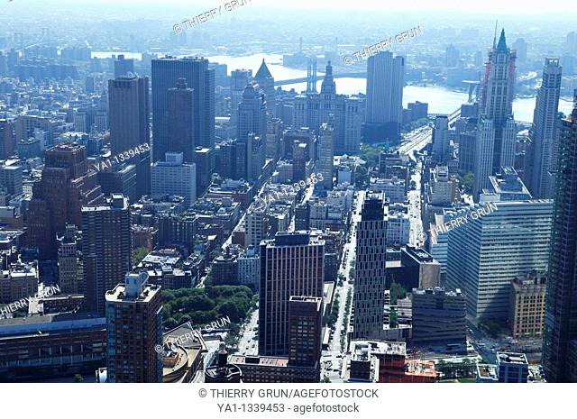 Aerial view of Tribeca in hot summer, South Manhattan, New York city, USA