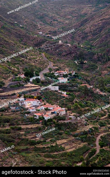 Ravine and village of El Juncal at dawn. The Nublo Rural Park. Gran Canaria. Canary Islands. Spain