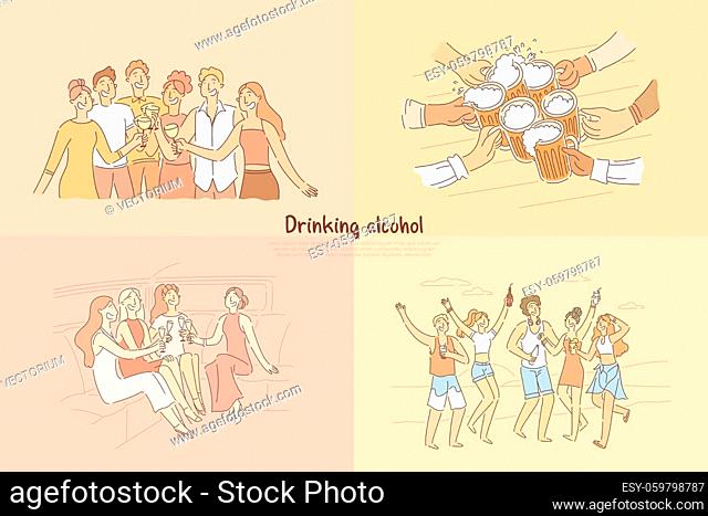 Group of friends having toast at club, pub, girlfriends sitting in elite car having champagne, bachelorette party celebration banner