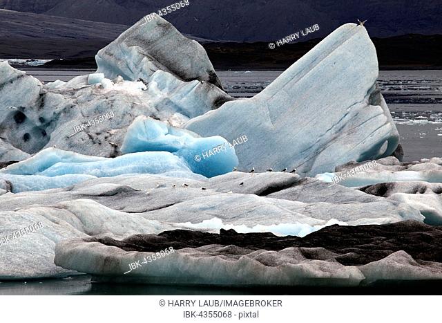 Ice, icebergs with traces of volcanic ash, glacier, glacial lake of the Vatnajökull glacier, Jökulsarlon, Iceland