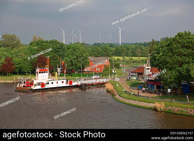 Kiel, Germany - May 23, 2017: Passenger ferry at Fischerhuette, Kiel Canal, Schleswig-Holstein, Germany