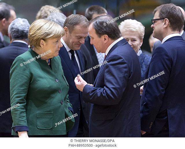 March 10, 2017. Brussels, Belgium: German Chancellor Angela Merkel (L) is talking with the President of the European Council Donald Franciszek Tusk (C) and the...