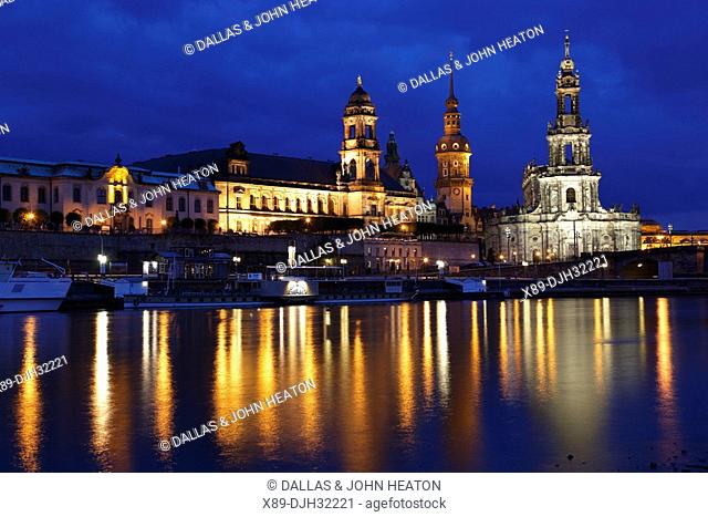 Germany, Saxony, Dresden, Old Town, Skyline, River Elbe, Hofkirche, Kathedrale St. Trinitatis, St. Trinity Cathedral, Hausmann Tower, Neues Ständehaus