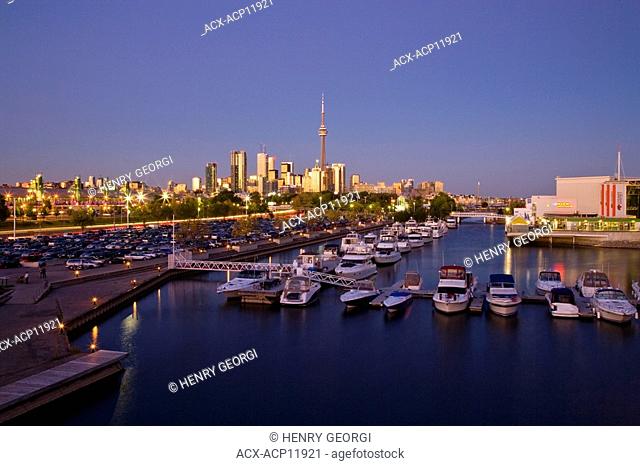Toronto skyline and Ontario Place in evening, Toronto, Ontario, Canada