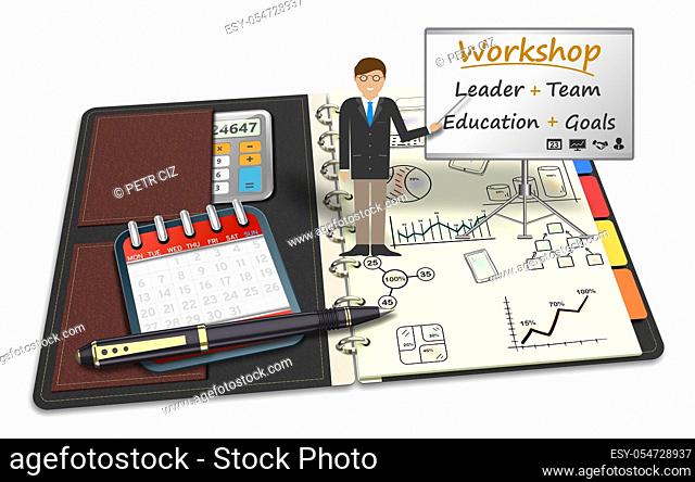 3D Illustration, Mentor workshop training, strategy, trading, teamwork. Meeting, seminar, presentation, lecture practical concept