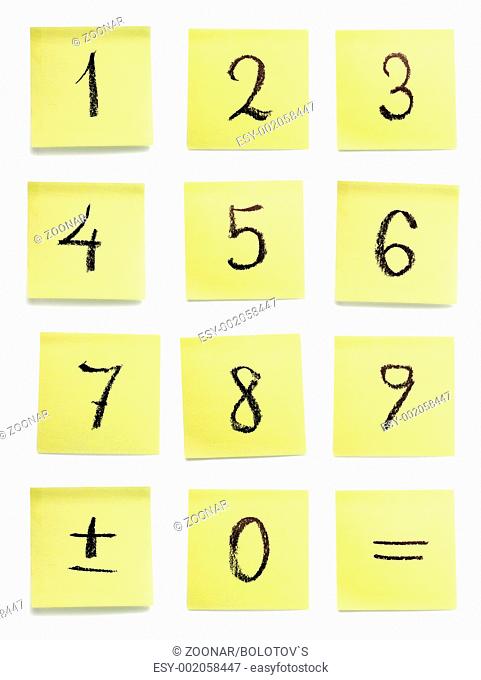 A set of handwritten characters on yellow sticky pieces of paper. Isolated on white background, with clipping path