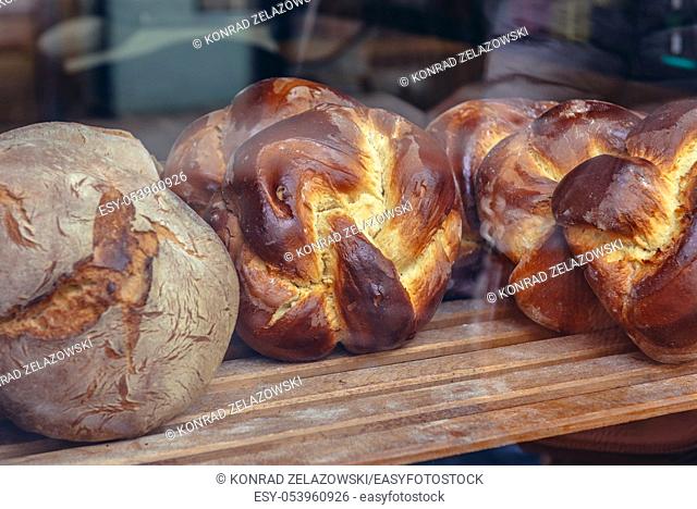 Bread in food shop in Oviedo in Asturias region, Spain
