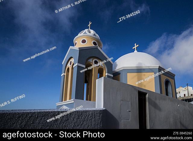 Bell tower and dome of the Catholic Cathedral of Santorini (Cathedral of Saint John the Baptist), Fira, Santorini, Greece, Europe