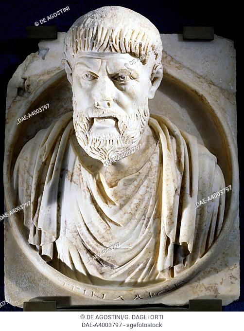 Marble medallion with a relief of the bust of the Greek poet Pindar (515-438 BC) from Aphrodisias, Turkey. Roman civilisation, 2nd century