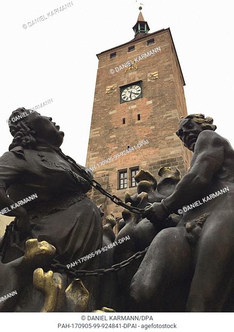 View of the Hans Sachs Fountain, also known as 'Ehebrunnen' (lit. 'Matrimony Fountain'), in the inner city of Nuremberg, Germany, 5 September 2017