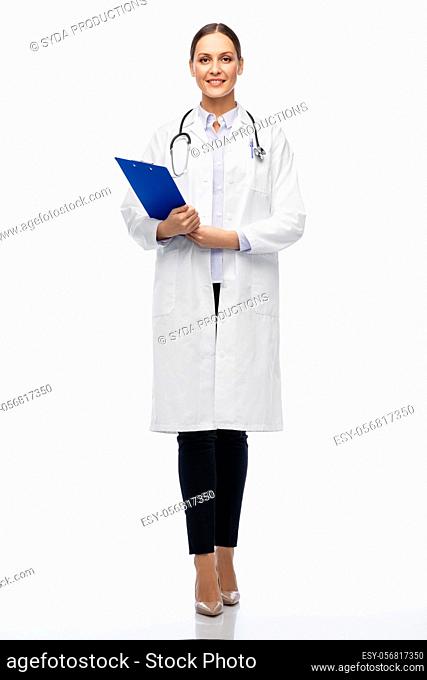 happy smiling female doctor with clipboard