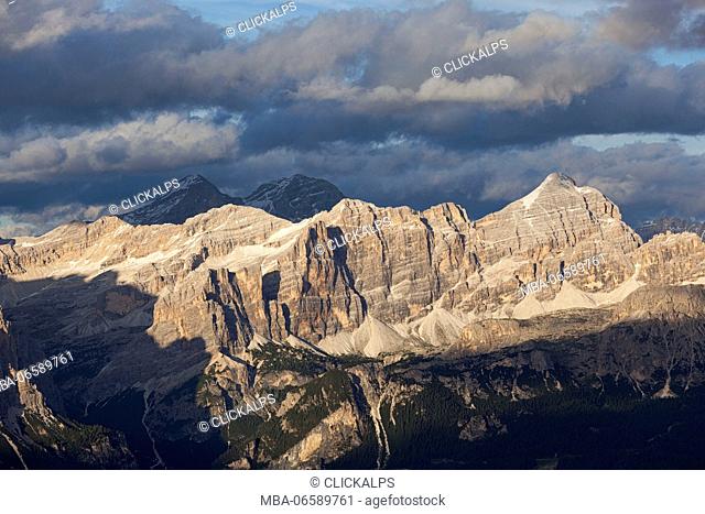 Ampezzo Dolomites, Belluno, Veneto, Italy, Sunset on Tofane group from the top of Sass Ciampac (Puez Group, Dolomites, South Tyrol)