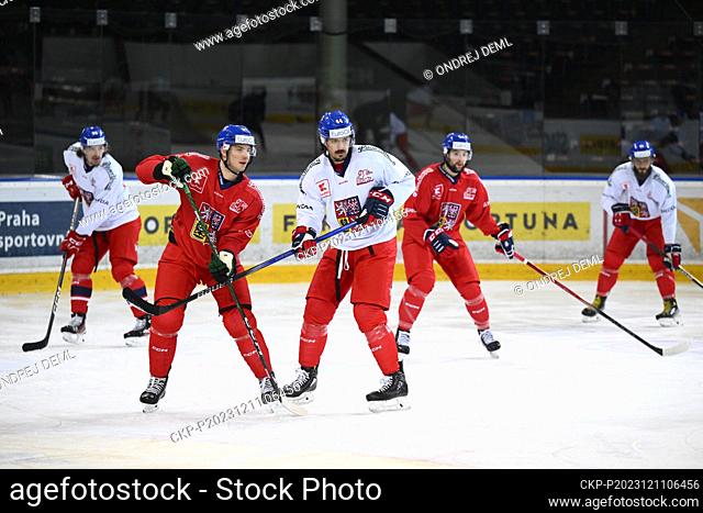 Dominik Masin, 2nd from left, and Matej Stransky, center, attend the training session of Czech national ice hockey team prior to the Swiss Ice Hockey Games