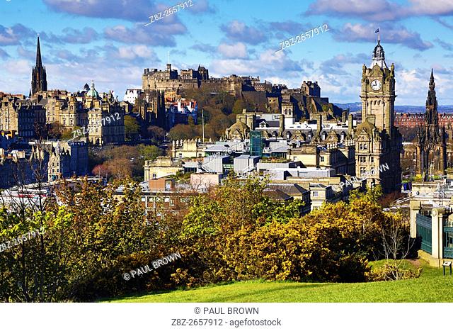 General city skyline view from Calton Hill showing the Balmoral Hotel clock tower and Edinburgh Castle in Edinburgh, Scotland, United Kingdom