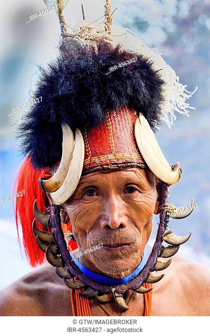 Naga tribal man in traditional outfit, Kisima Nagaland Hornbill festival, Kohima, Nagaland, India