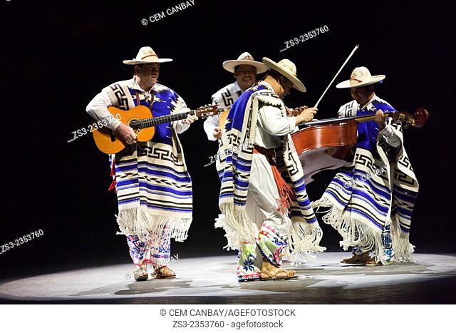 Musicians playing a song from the Purepecha Plateau at ""Mexico Espectacular"" show, Xcaret, Playa del Carmen, Riviera Maya, Yucatan, Mexico, Central America