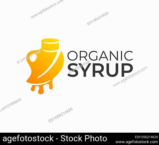 Organic syrup, bottle with syrup and leaf with drops, logo design. Food, pure maple syrup and nutrition, vector design and illustration