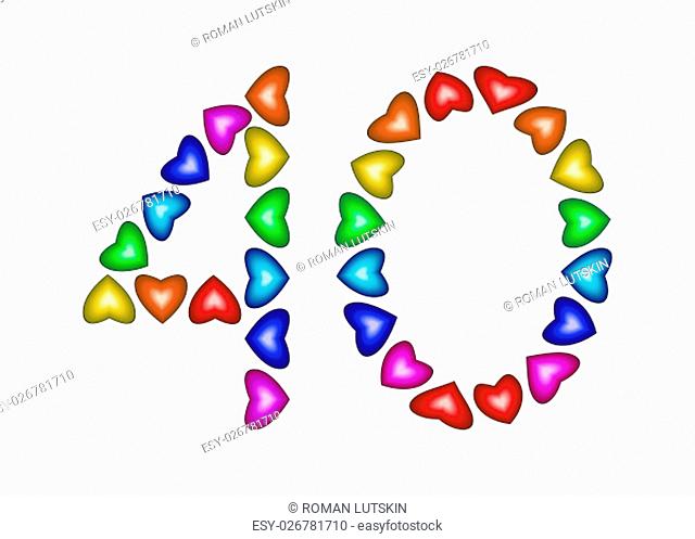 Number 40 made of multicolored hearts on white background