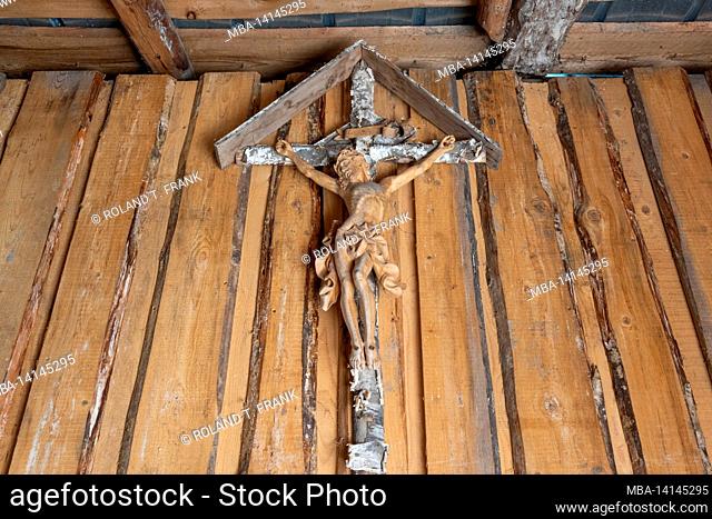 austria, kleinwalsertal, crucifix on the wallmendinger alpe