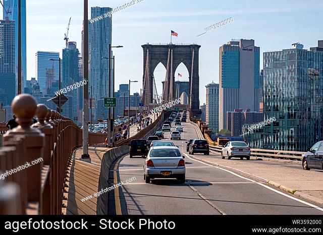 Brooklyn NY - USA - Jul 9 2019: Entrance of Brooklyn Bridge in summer sunny daylight