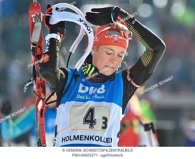 German Maren Hammerschmidt at the shooting range before the women 4x6 km Relay competition at the Biathlon World Championships, in the Holmenkollen Ski Arena