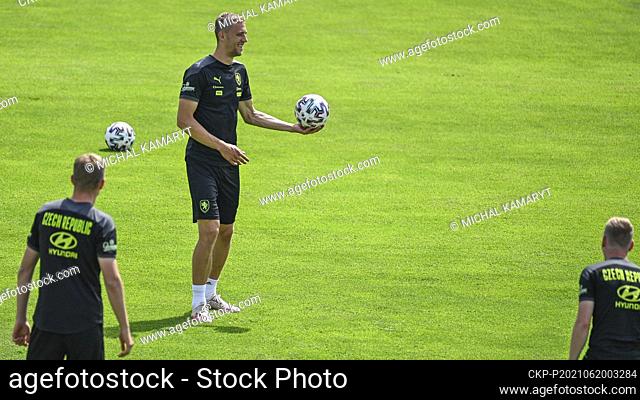 Tomas Soucek, center, trains during a training session of the Czech national team prior to the group D match against England