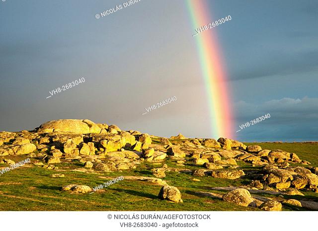 Sky with rainbow in the region of Los Baldíos. Alburquerque. Province of Badajoz. Extremadura. spain