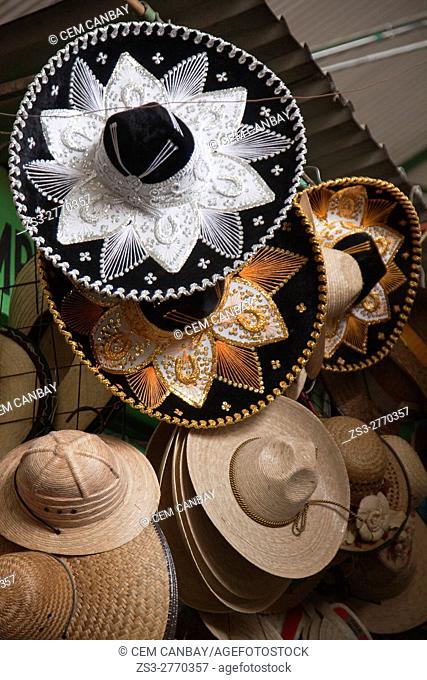 Traditional Mexican hats called sombreros for sale at the shop in the historic center, Oaxaca, Oaxaca State, Mexico, Central America