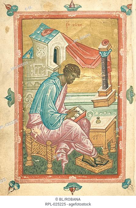 St Luke, Whole folio St Luke seated, writing his gospel. Image taken from Slavonic Gospels. Originally published/produced in Russia, circa 1500