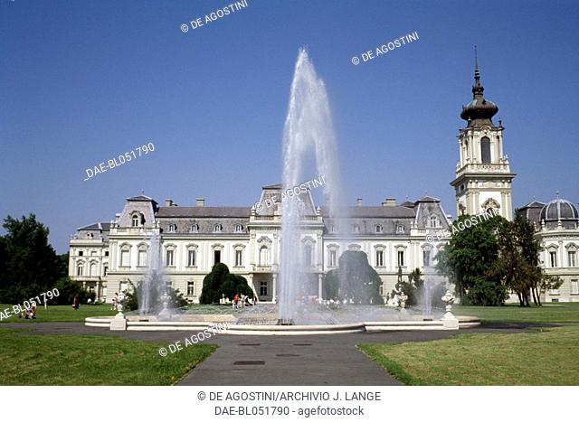 Fountain with the Festetics Castle in the background, Keszthely, on the northwestern shore of Lake Balaton. Hungary, 18th century