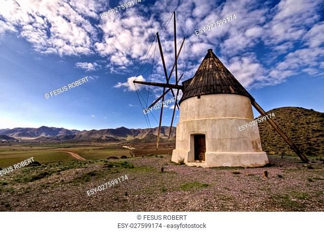 Old Windmill in Las Negras Cabo de Gata natural Park Almeria Andalucia Spain