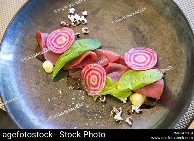 Springbok Carpaccio at the La Petite Ferme, (restaurant and luxurious accommodations) in the Franschhoek Valley, Stellenbosch region