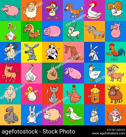 Cartoon illustration of background or pattern or decorative paper design with comic farm animal characters